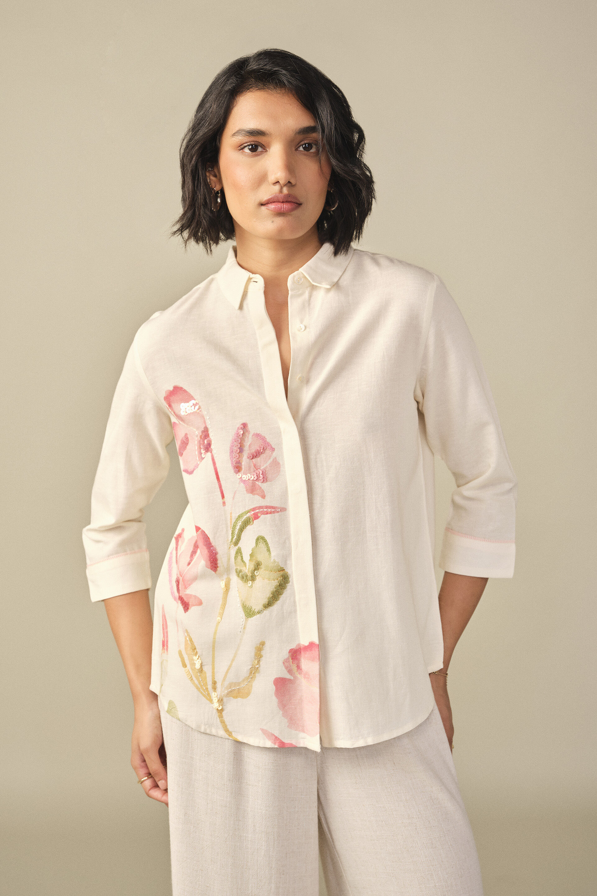 Floral Embroidered Shirt in Cream, White, image 1